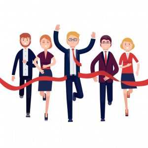 Home Zakenlieden finishen een marktrace - symbool voor competitie en mededingingsrecht in het bedrijfsleven